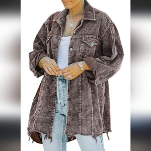Women's Casual Oversized Button Down Corduroy Shirt Jacket Coat Washed_Med
